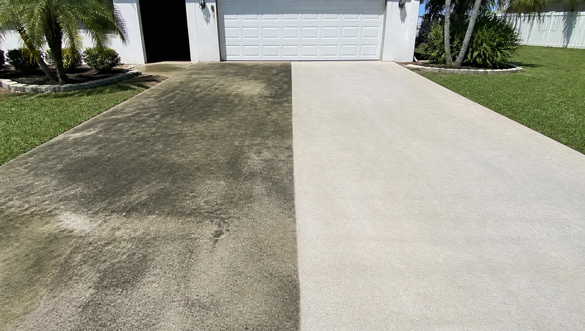 Driveway before and after pressure washing