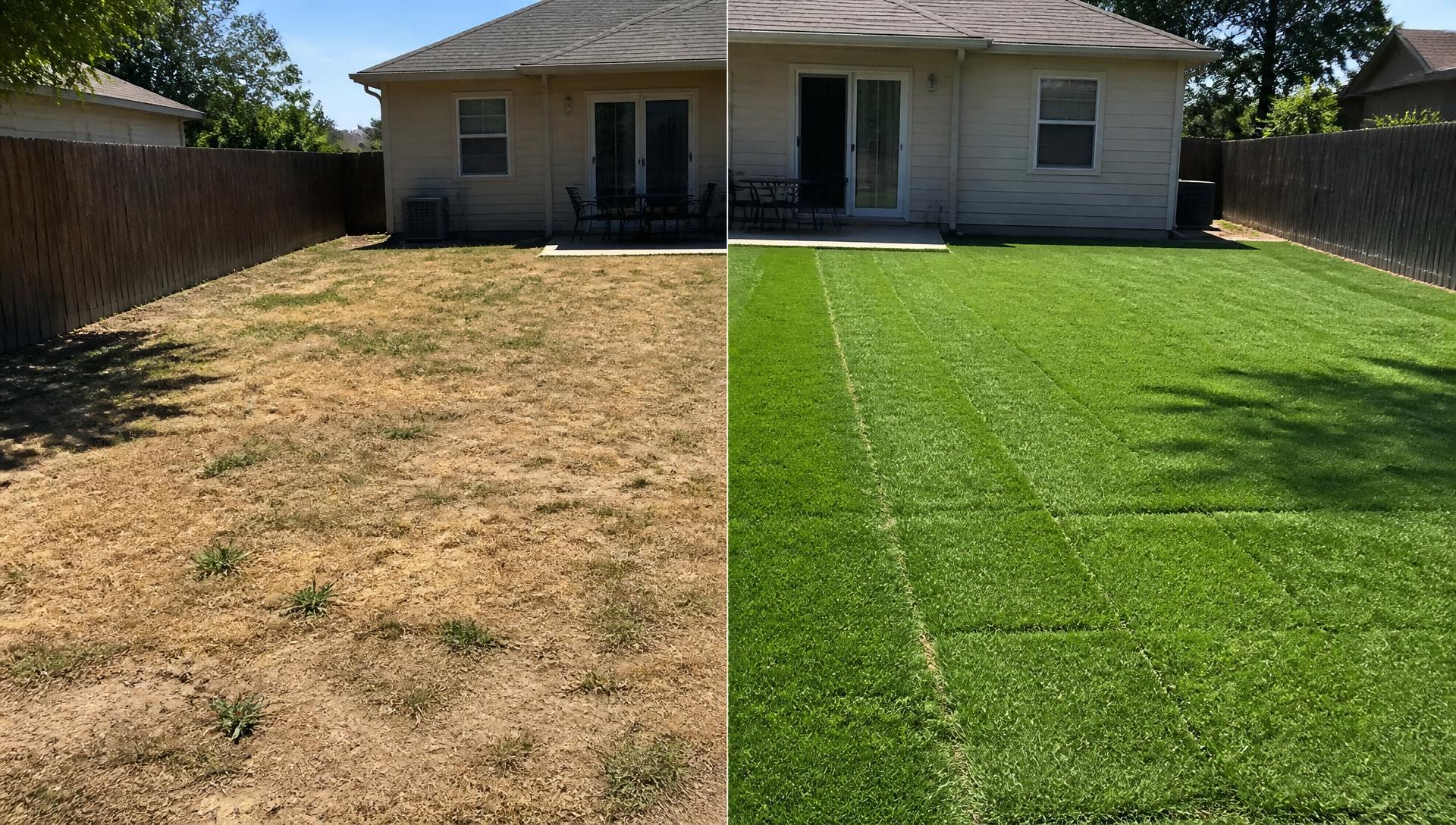 Backyard before and after new sod installation